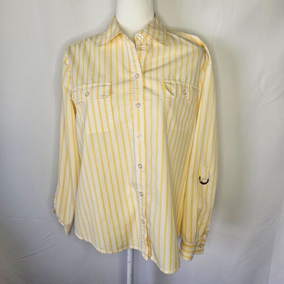 Chico's Size 2 Large Yellow Stripe Long Sleeve Button Down Shirt Button Pockets - Picture 1 of 9